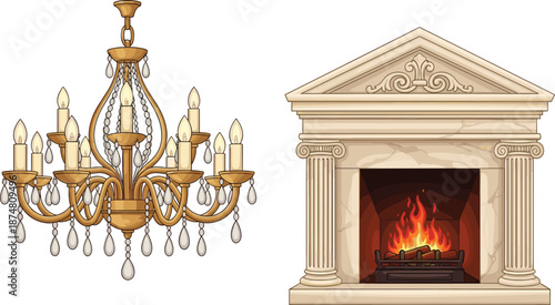 Elegant classical interior design vector set featuring a luxury gold crystal chandelier and a traditional marble fireplace with burning wood fire.