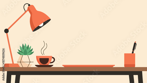 Well-organized workspace with wooden desk, lamp, coffee, and succulent