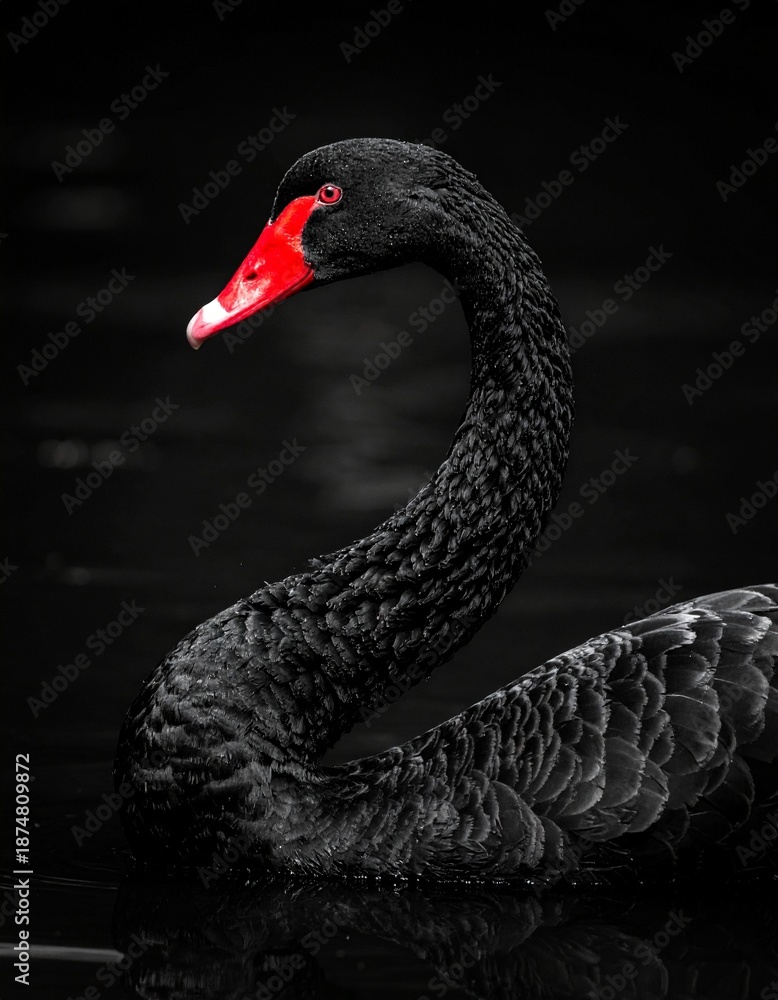 Fototapeta premium Elegant Black Swan with Red Beak Gracefully Gliding on Dark Water.