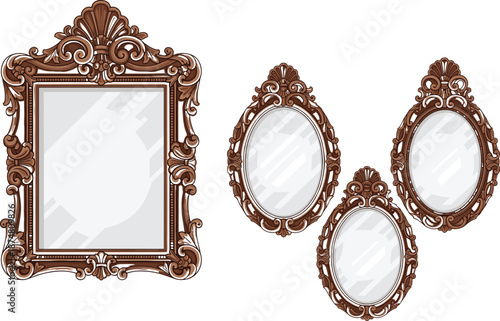 Elegant Vintage Ornate Wood Frame Set with Luxury Baroque Rectangular and Oval Mirror Borders for Interior Decoration and Classic Design