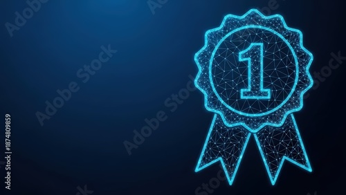 Abstract glowing geometric award ribbon with number one symbol on dark blue background
