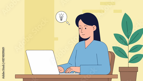 Young woman working on laptop at wooden desk with potted plant in background