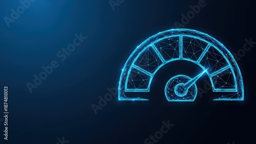 Abstract speedometer with neon blue digital wireframe and needle indicating high performance on a dark tech background