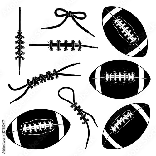 Black Silhouettes of American Football Balls and Laces Set, featuring various lacing styles, knots, and bows.