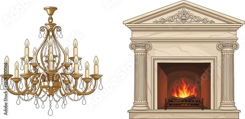 Elegant Classical Interior Vector Set Featuring a Detailed Gold Crystal Chandelier and a Marble Fireplace with Ionic Columns and Flame
