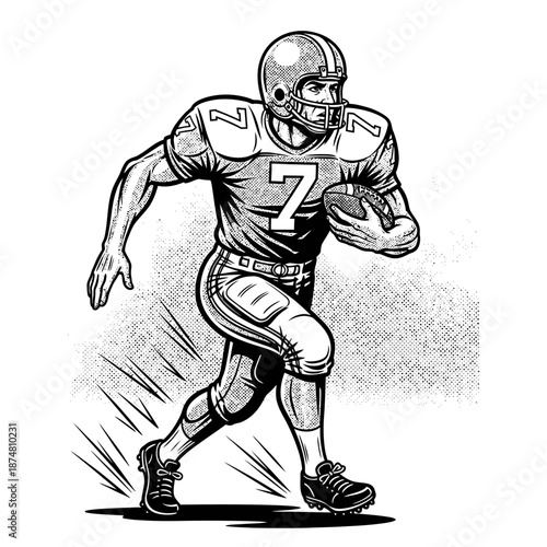 Dynamic American Football Player Rushing in Comic Book Halftone Style
