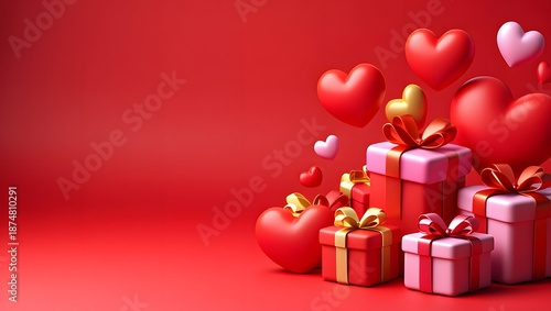 Colorful Gifts and Hearts on Bright Red Background for Celebration