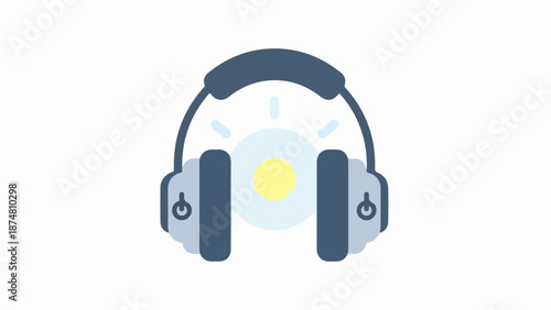 Stylized illustration of gray and blue headphones with a lightbulb behind them