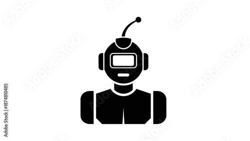 Simple black icon of a robot with a screen for a face and antenna symbolizing artificial intelligence and futuristic technology in a minimalist style