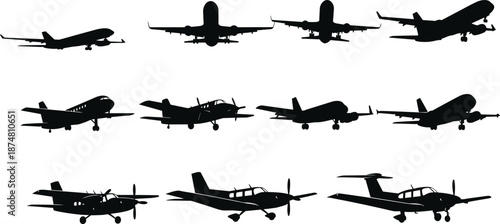 Set of Professional Aircraft Silhouettes Featuring Commercial Airplanes Jet Liners Private Turboprops and Light General Aviation Planes for Graphic Design (