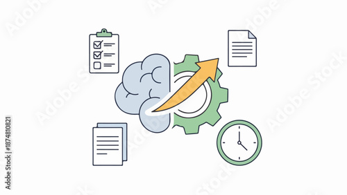 Minimalist workspace theme with brain, gear, clipboard, documents, and clock