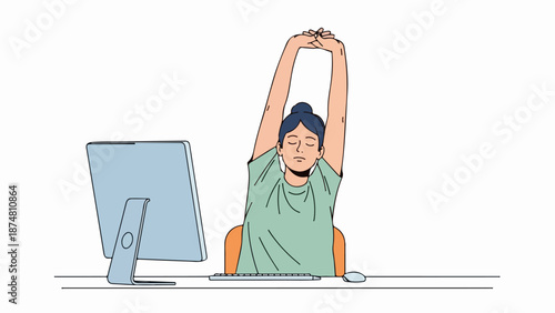 Woman stretching at a minimalist workstation with a light blue monitor, keyboard, and mouse