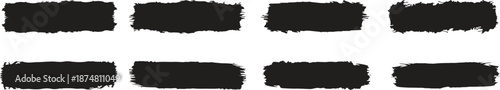 Black brush stroke banner set isolated on white background. Rough paint swashes and ink strokes with textured edges for highlighting text. Grunge design elements for posters, branding, web, 