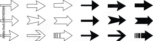 Arrow icons set in outline and solid styles isolated on white background. Directional symbols pointing right for navigation, movement, and progress concepts. Minimal arrows for UI, web, app, and graph