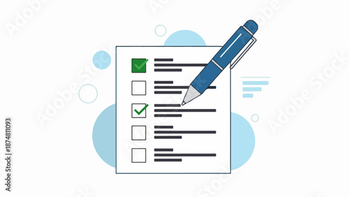 Professional checklist with blue pen checking off a box on a light blue background