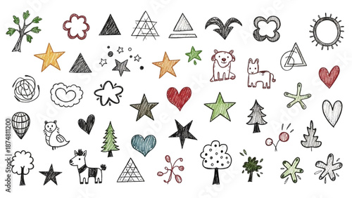 A delightful assortment of diverse hand-drawn doodle elements and simple graphic sketches perfect for creative design projects
