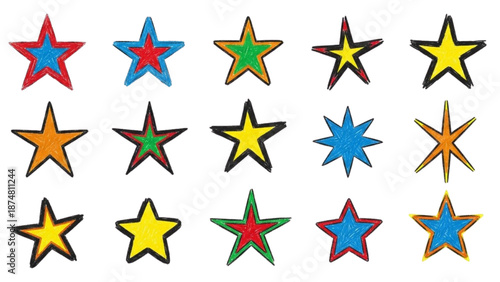 Colorful hand-drawn star shapes in various sizes and outlines, perfect for design elements