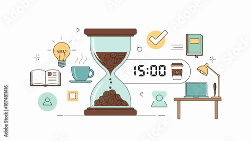 Illustration of a productive workspace with an hourglass filled with coffee beans, a laptop, and a checklist