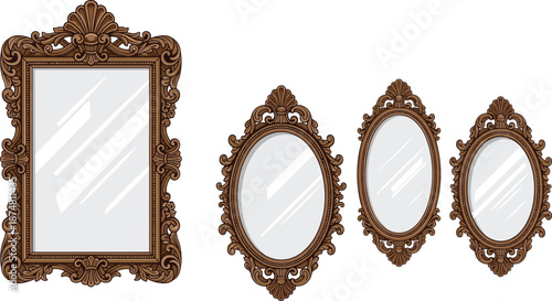 Vintage Ornate Brown Wooden Picture Frame Set Baroque Victorian Antique Mirror Border Illustration Collection Isolated on White Background For Home Decor