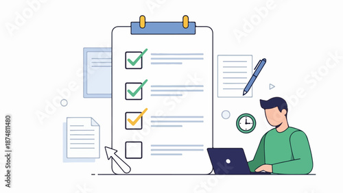 Professional male working at desk with laptop, clipboard, and documents