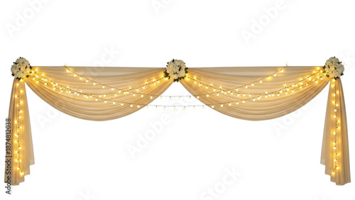 Elegant golden fabric swag with twinkling fairy lights and delicate floral accents for festive event decoration