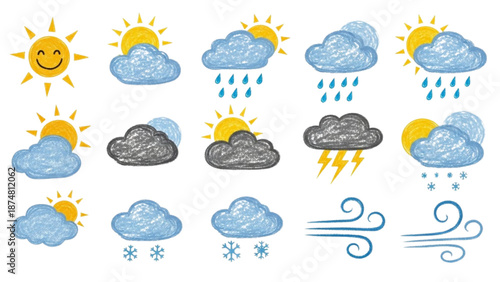Charming Hand-Drawn Weather Icons Collection with Sun, Clouds, Rain, Snow, and Wind Symbols