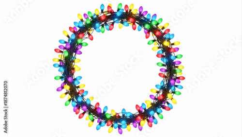 Vibrant Holiday Lights Arranged in a Festive Circular Garland on White Background