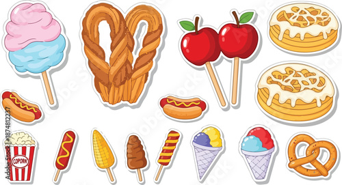 Collection of delicious and fun fairground food illustrations including churros, popcorn, ice cream, and pretzels