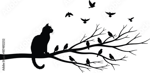 Black cat silhouette sitting on tree branch with birds, flying bird flock scene, mysterious wildlife nature concept, flat vector illustration design