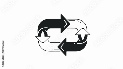 Minimalist cyclical arrangement of interconnected arrows in black and white