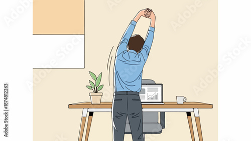 Professional man stretching at a wooden desk with a laptop, mug, and potted plant in a modern office