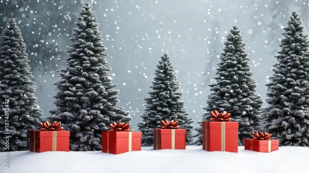 Obraz premium Pine trees with christmas gift boxes