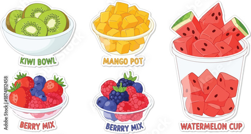 Assortment of Freshly Cut Fruits in Various Containers, Including Kiwi, Mango, Berries, and Watermelon Slices