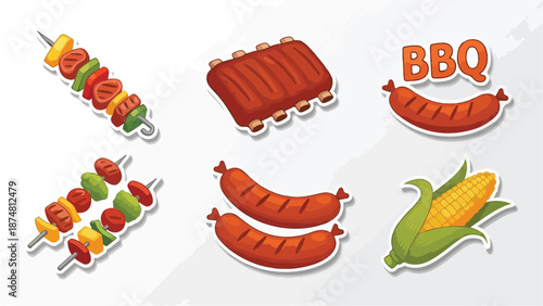 A vibrant collection of BBQ illustrations including meat skewers, ribs, sausages, and corn on the cob, perfect for summer cookouts and outdoor dining