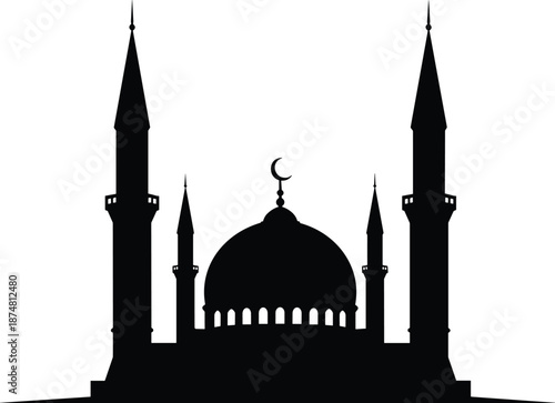 Black silhouette of a traditional mosque with large dome and tall minarets on white background, Islamic architecture vector illustration for religious holidays