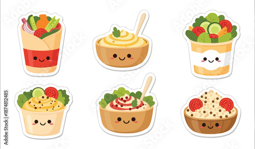 Set of cute cartoon food illustrations featuring smiling wraps, dips, salads, and bowls with happy faces