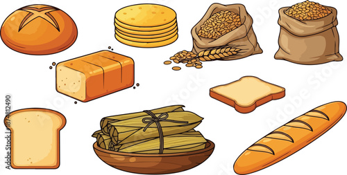 A vibrant collection of bread and food items displayed on a table