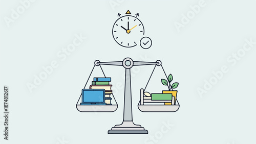 Balanced scale illustration with books, laptop, plant, and clock