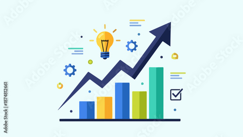 Vibrant illustration of ascending bar graphs with icons symbolizing growth and progress