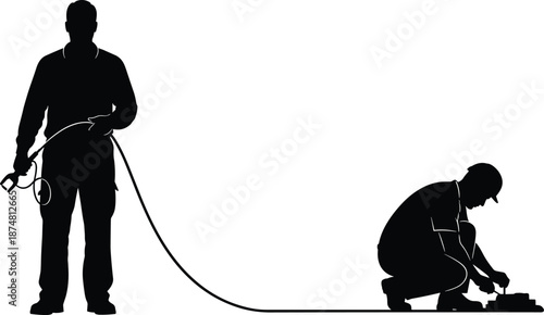 Black silhouette of electrician and technician working with power cables and industrial equipment on white background, repair and maintenance service vector illustration