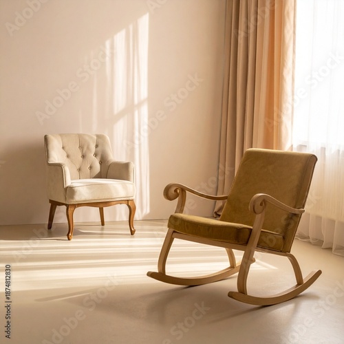 Elegant Living Room Scene Featuring a Rocking Chair and Armchair in Natural Light.