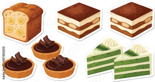 A delightful collection of sweet baked goods including banana bread, chocolate tarts, tiramisu, and matcha cakes