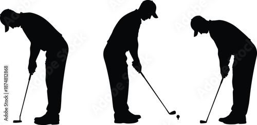 Black silhouette set of male golfers in various putting and hitting stances on white background, professional golf player sports vector illustration collection,