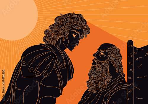 diogenes speaking with alexander the great in orange greek vase style