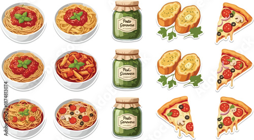 A delightful collection of Italian food icons, featuring pasta dishes, pesto jars, garlic bread slices, and delicious pizza portions, perfect for culinary themes