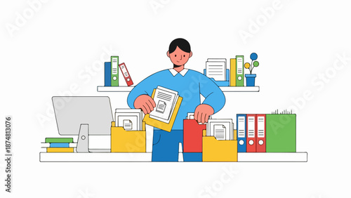 Professional woman working at a cluttered desk with books and laptop