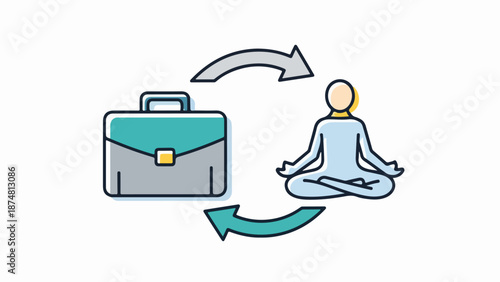 Minimalist illustration of a briefcase and meditating figure with a circular arrow on a light gray background