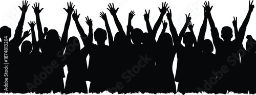 Cheering crowd silhouette illustration, raised hands people group, celebration audience concept, concert festival teamwork unity background, flat vector design