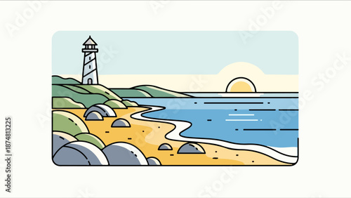 Illustration of a striped lighthouse on a grassy hill overlooking a sandy beach and deep blue water