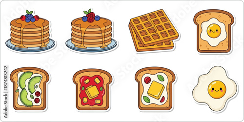 Delicious breakfast icons pancakes, waffles, toast with avocado, jam, butter, and fried egg